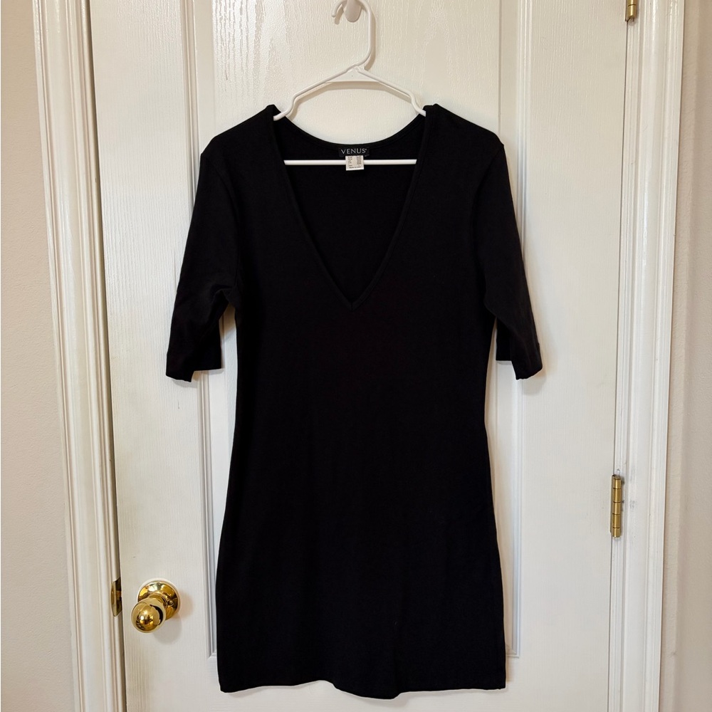 Venus Black V Neck Dress with 3/4 Sleeves